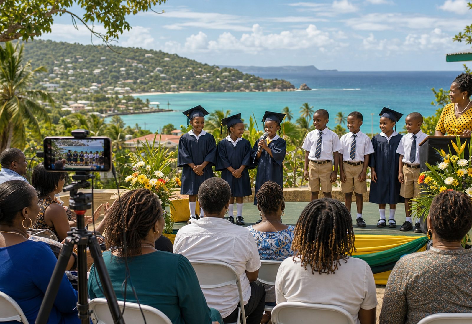 A Jamaican primary school graduation presentation livestreamed for family abroad, with the Caribbean sea behind the stage.